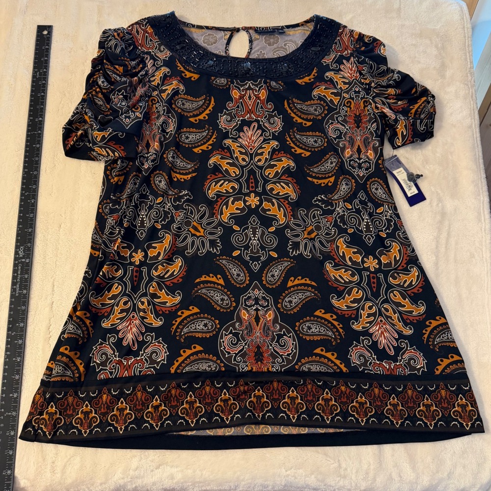 Apt. 9 Womens XL Paisley Beaded Neck Short Sleeve Blouse Black Orange New